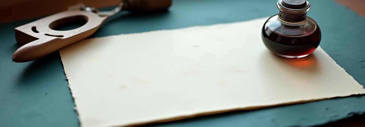 A clean, organized calligraphy studio desk with ink and paper